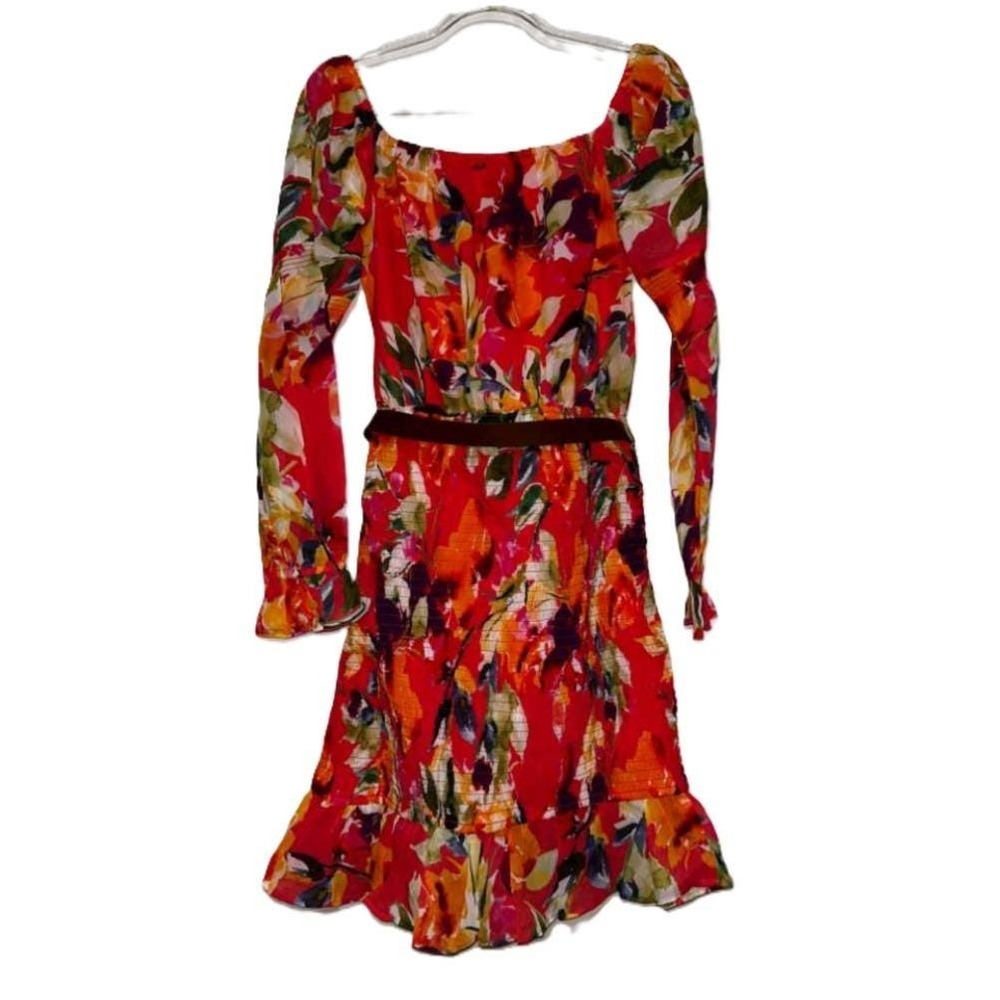 Guess Womens Red Floral Botanical Smocked Mini Dress Long‎ Sleeve Belted Large - Picture 4 of 5